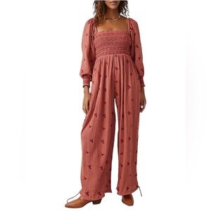 Free People Dahlia Warmstone embroidered gauzy dark pink jumpsuit size large